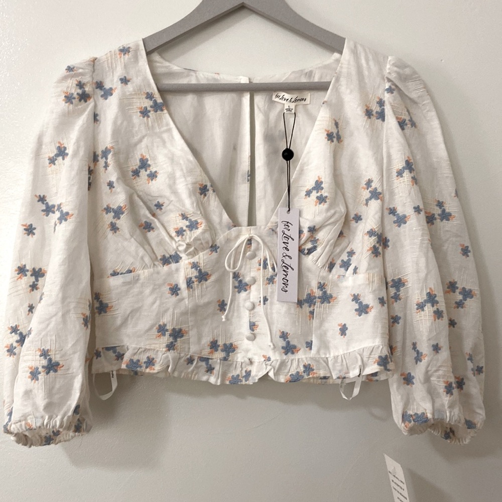 For Love and Lemons Callie Top Embroidered Balloon Sleeve Cropped Boho Beachy